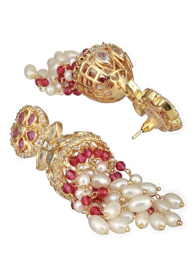 Gold-Plated American Diamond Studded & Pearl Beaded Jhumkas with Kundan for Women | Traditional Ethnic Jewellery for Wedding & Festive Wear | Gift for Her - Indya