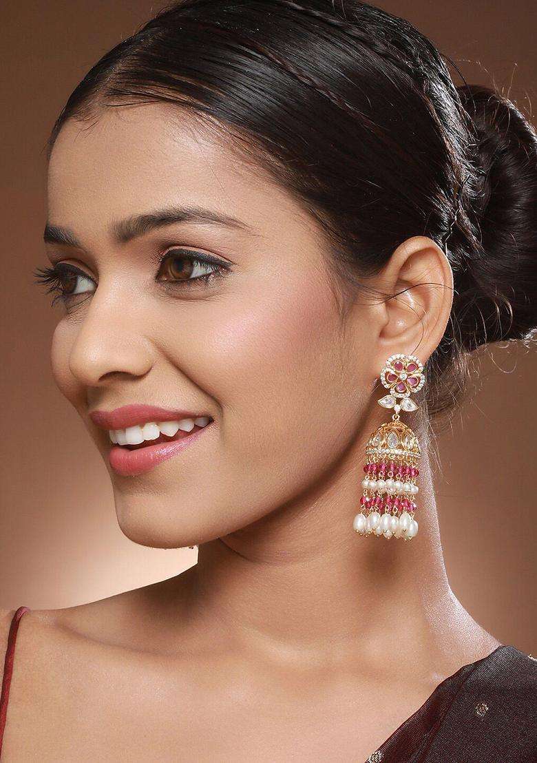 Gold-Plated American Diamond Studded & Pearl Beaded Jhumkas with Kundan for Women | Traditional Ethnic Jewellery for Wedding & Festive Wear | Gift for Her - Indya
