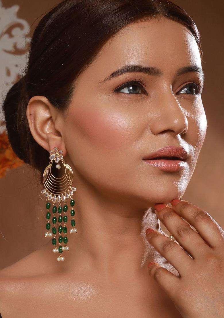 24K Gold-Plated Kundan & Pearls Beaded Bridal Floral Chandbali Earrings for Women | Fusion Party & Festive Wear | Gift for Her - Indya