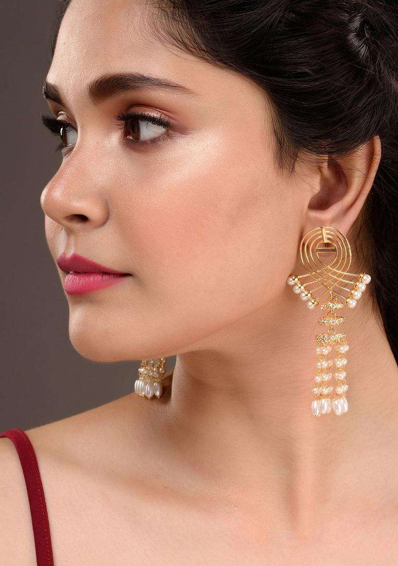 Gold-Plated White Quirky Drop Earrings with Pearl for Women | Fusion Party & Festive Wear | Gift for Her - Indya