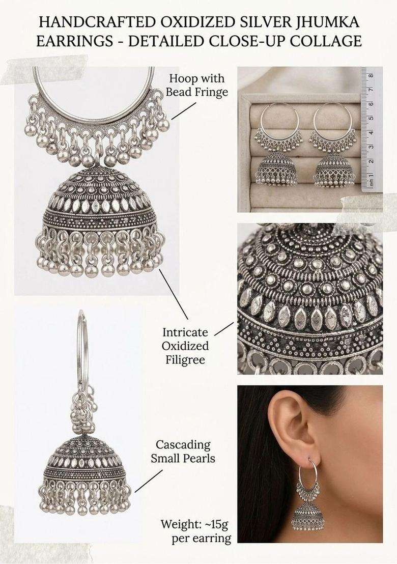 Silver-Plated Geometric Jhumkas Earrings for Women | Traditional Ethnic Jewellery for Wedding & Festive Wear | Gift for Her - Indya
