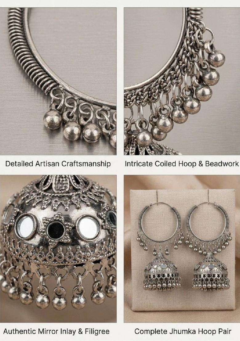 Silver-Plated Circular Jhumkas Earrings for Women | Traditional Ethnic Jewellery for Wedding & Festive Wear | Gift for Her - Indya