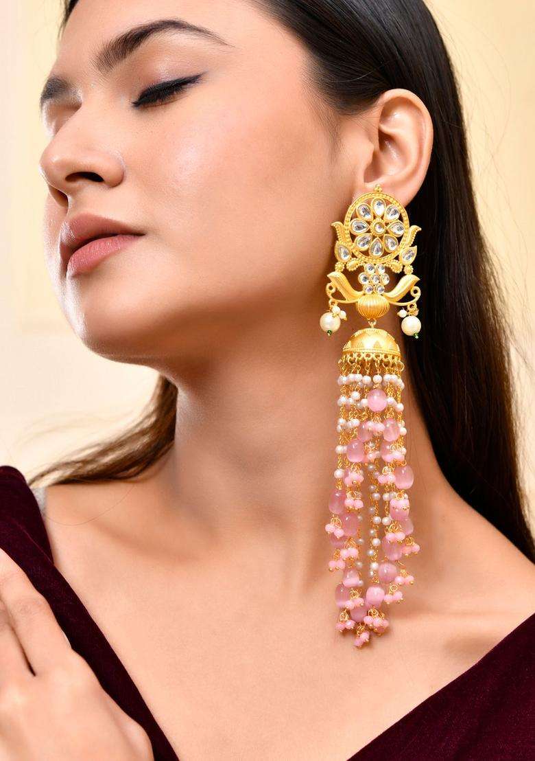 Gold-Plated Kundan Studded & Peals Contemporary Drop Earrings with Pearl for Women | Traditional Ethnic Jewellery for Wedding & Festive Wear | Gift for Her - Indya