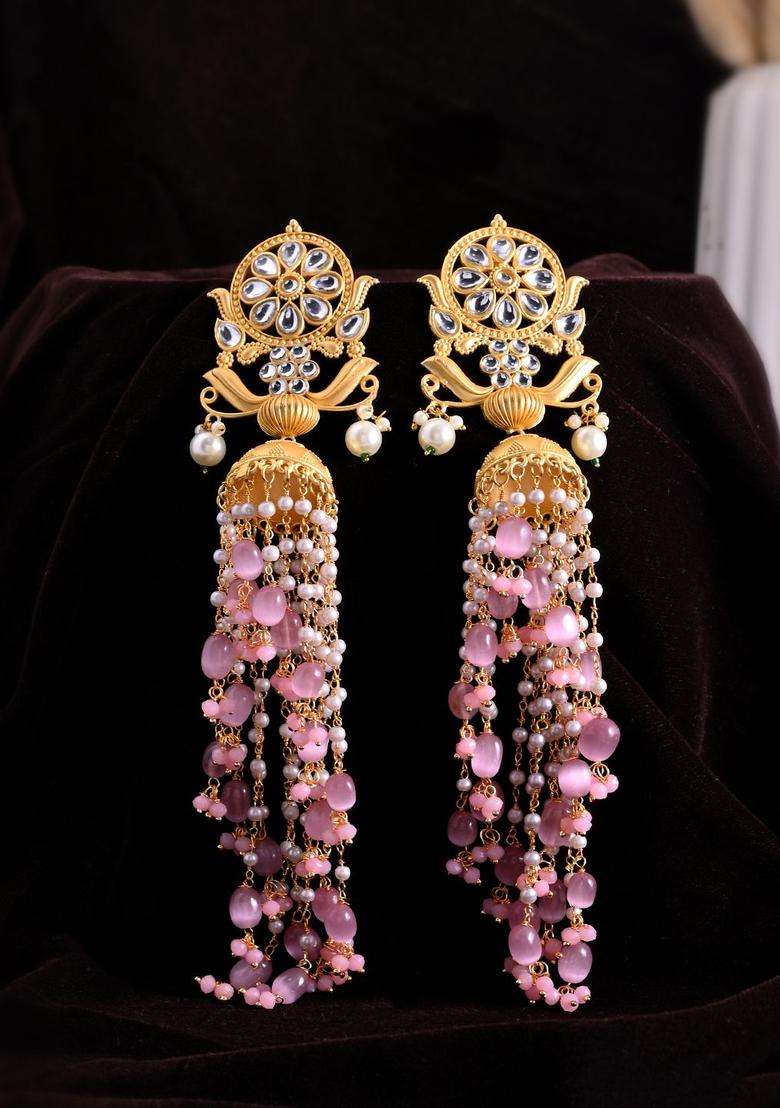 Gold-Plated Kundan Studded & Peals Contemporary Drop Earrings with Pearl for Women | Traditional Ethnic Jewellery for Wedding & Festive Wear | Gift for Her - Indya