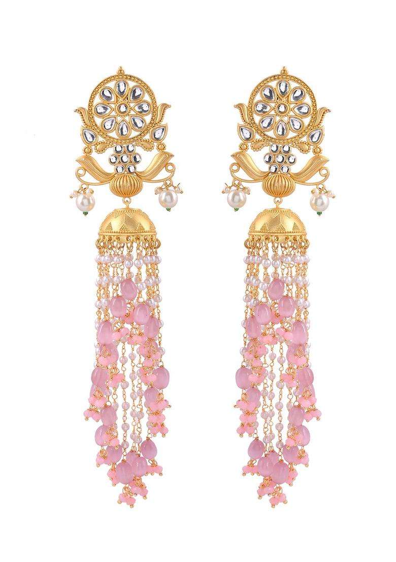Gold-Plated Kundan Studded & Peals Contemporary Drop Earrings with Pearl for Women | Traditional Ethnic Jewellery for Wedding & Festive Wear | Gift for Her - Indya