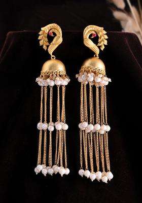 Gold-Plated Kundan Studded & Peals Contemporary Drop Earrings with Pearl for Women | Fusion Party & Festive Wear | Gift for Her