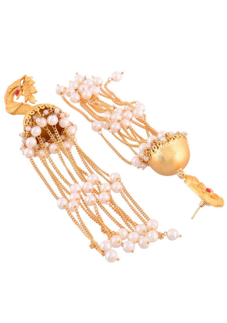 Gold-Plated Kundan Studded & Peals Contemporary Drop Earrings with Pearl for Women | Fusion Party & Festive Wear | Gift for Her - Indya