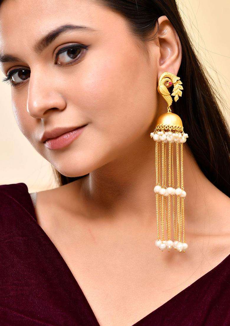 Gold-Plated Kundan Studded & Peals Contemporary Drop Earrings with Pearl for Women | Fusion Party & Festive Wear | Gift for Her - Indya