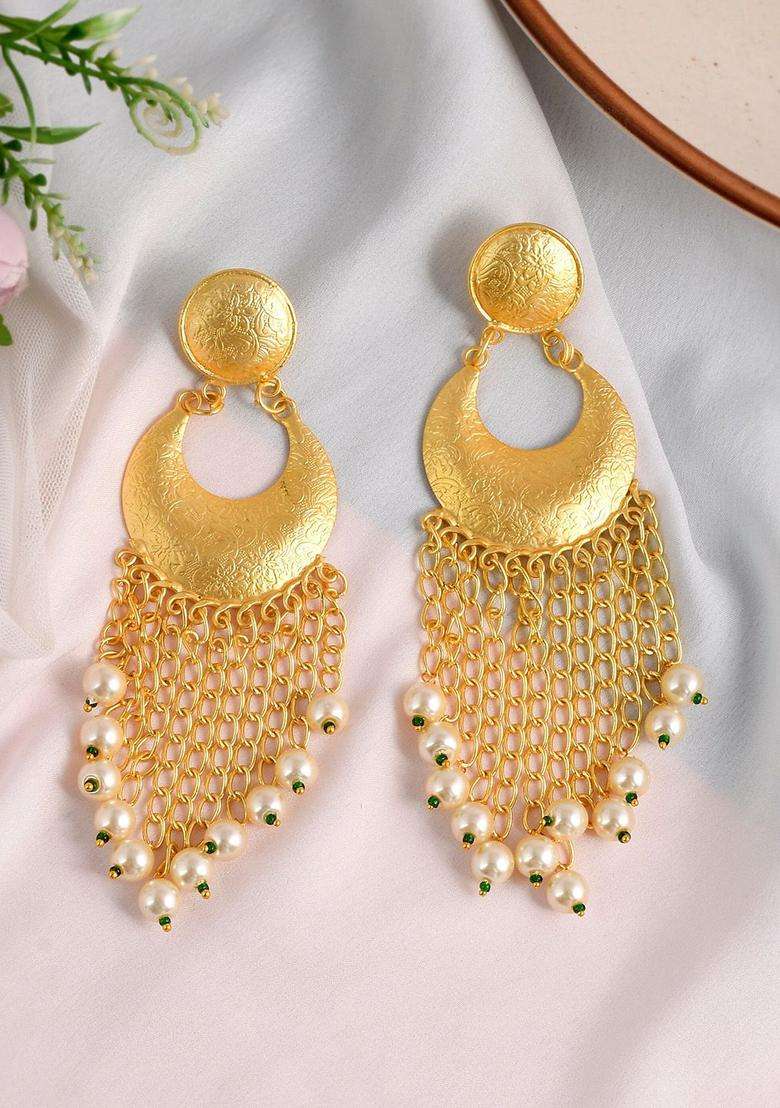 Gold-Plated Contemporary Drop Earrings with Pearl for Women | Fusion Party & Festive Wear | Gift for Her - Indya