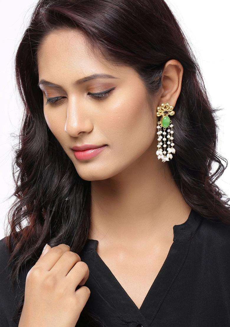 Gold-Plated & Green Contemporary Drop Earrings for Women | Traditional Ethnic Jewellery for Wedding & Festive Wear | Gift for Her - Indya