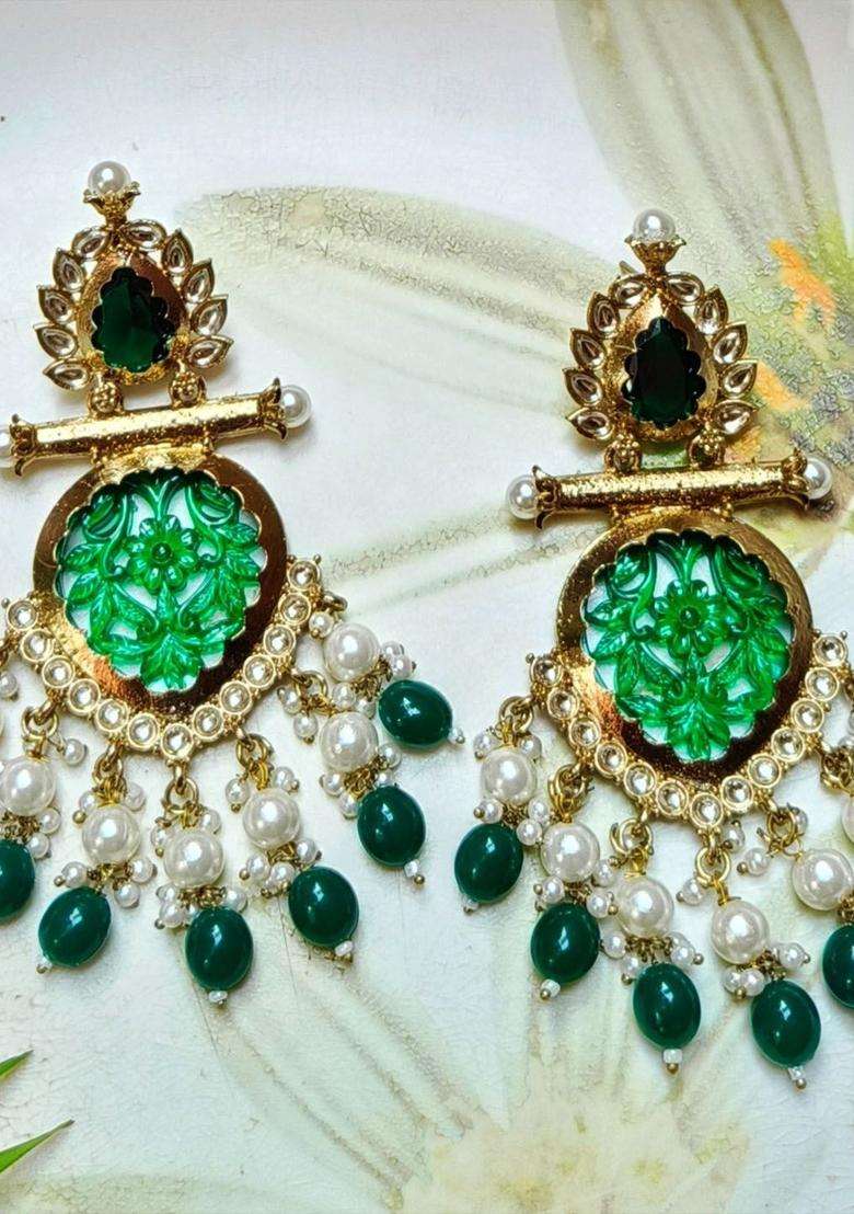 Gold-Plated Artificial Stones Studded & Beaded Contemporary Drop Earrings for Women | Traditional Ethnic Jewellery for Wedding & Festive Wear | Gift for Her - Indya