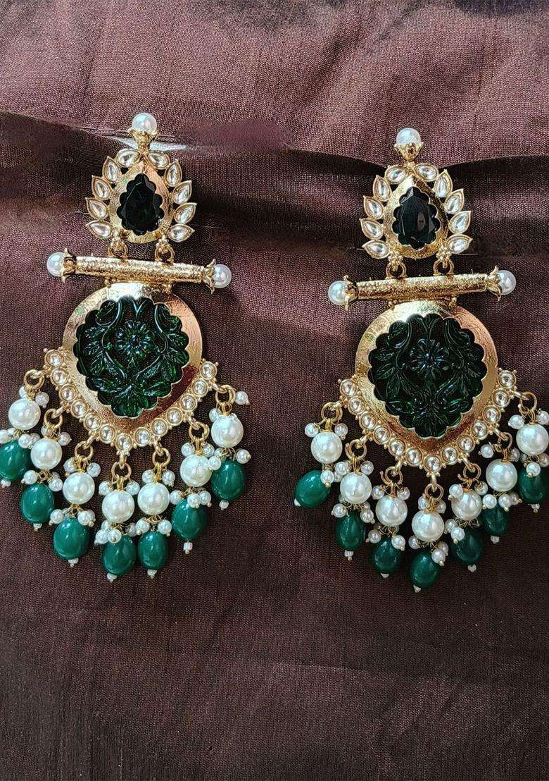 Gold-Plated Artificial Stones Studded & Beaded Contemporary Drop Earrings for Women | Traditional Ethnic Jewellery for Wedding & Festive Wear | Gift for Her - Indya