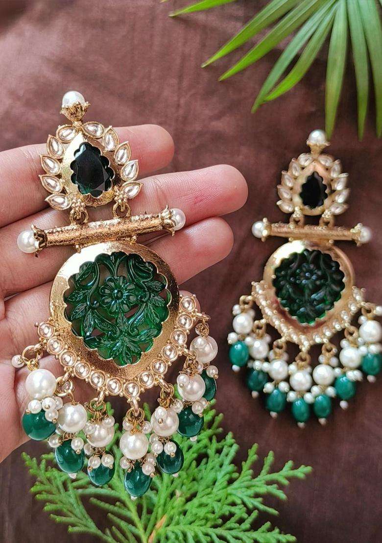 Gold-Plated Artificial Stones Studded & Beaded Contemporary Drop Earrings for Women | Traditional Ethnic Jewellery for Wedding & Festive Wear | Gift for Her - Indya