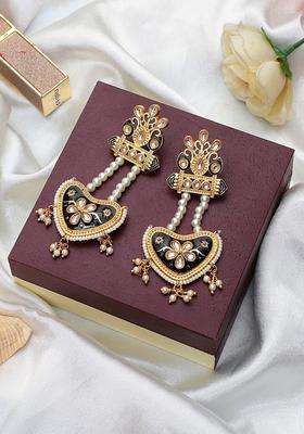 Gold-Plated Black Classic Drop Earrings with Kundan for Women | Traditional Ethnic Jewellery for Wedding & Festive Wear | Gift for Her