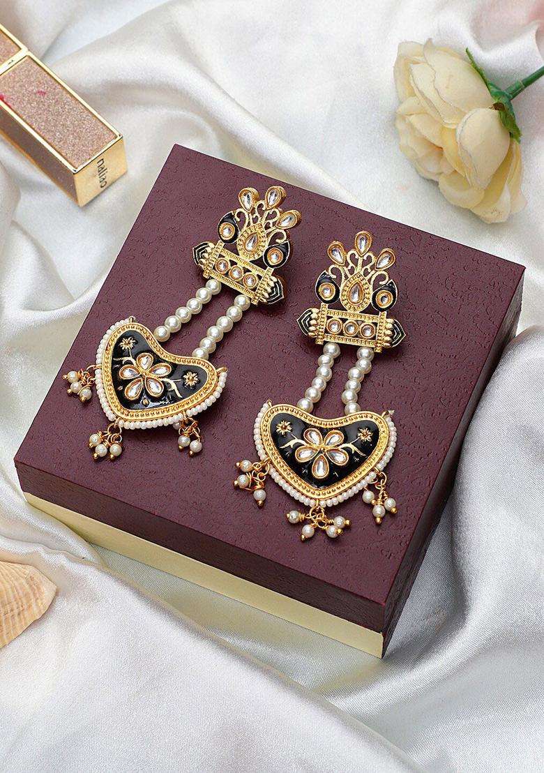 Gold-Plated Black Classic Drop Earrings with Kundan for Women | Traditional Ethnic Jewellery for Wedding & Festive Wear | Gift for Her - Indya