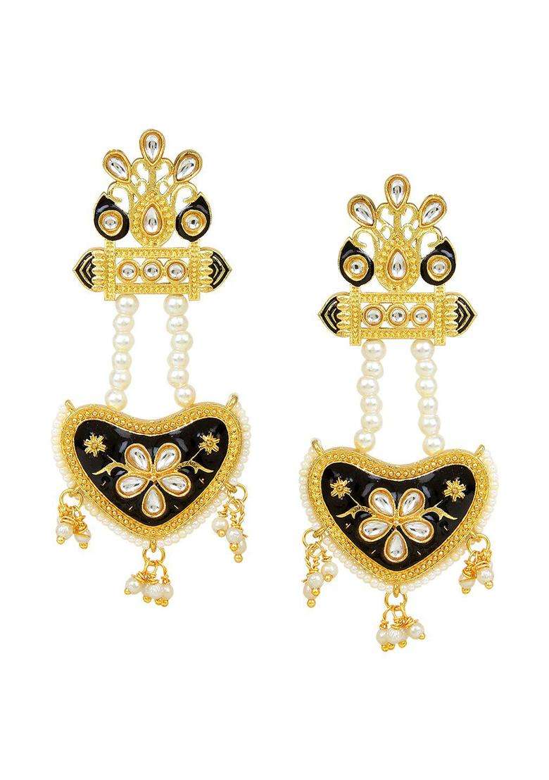 Gold-Plated Black Classic Drop Earrings with Kundan for Women | Traditional Ethnic Jewellery for Wedding & Festive Wear | Gift for Her - Indya