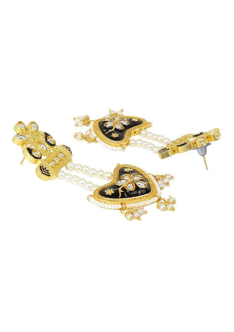 Gold-Plated Black Classic Drop Earrings with Kundan for Women | Traditional Ethnic Jewellery for Wedding & Festive Wear | Gift for Her - Indya