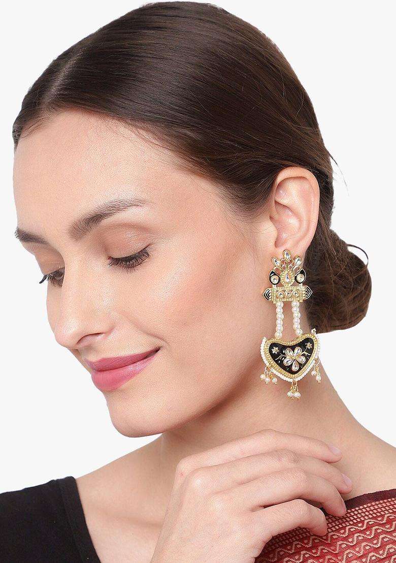 Gold-Plated Black Classic Drop Earrings with Kundan for Women | Traditional Ethnic Jewellery for Wedding & Festive Wear | Gift for Her - Indya