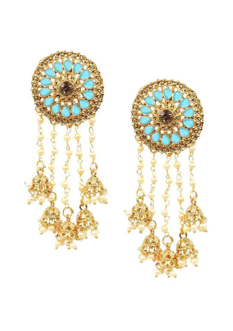 Gold-Plated Blue Contemporary Drop Earrings with Kundan for Women | Traditional Ethnic Jewellery for Wedding & Festive Wear | Gift for Her - Indya