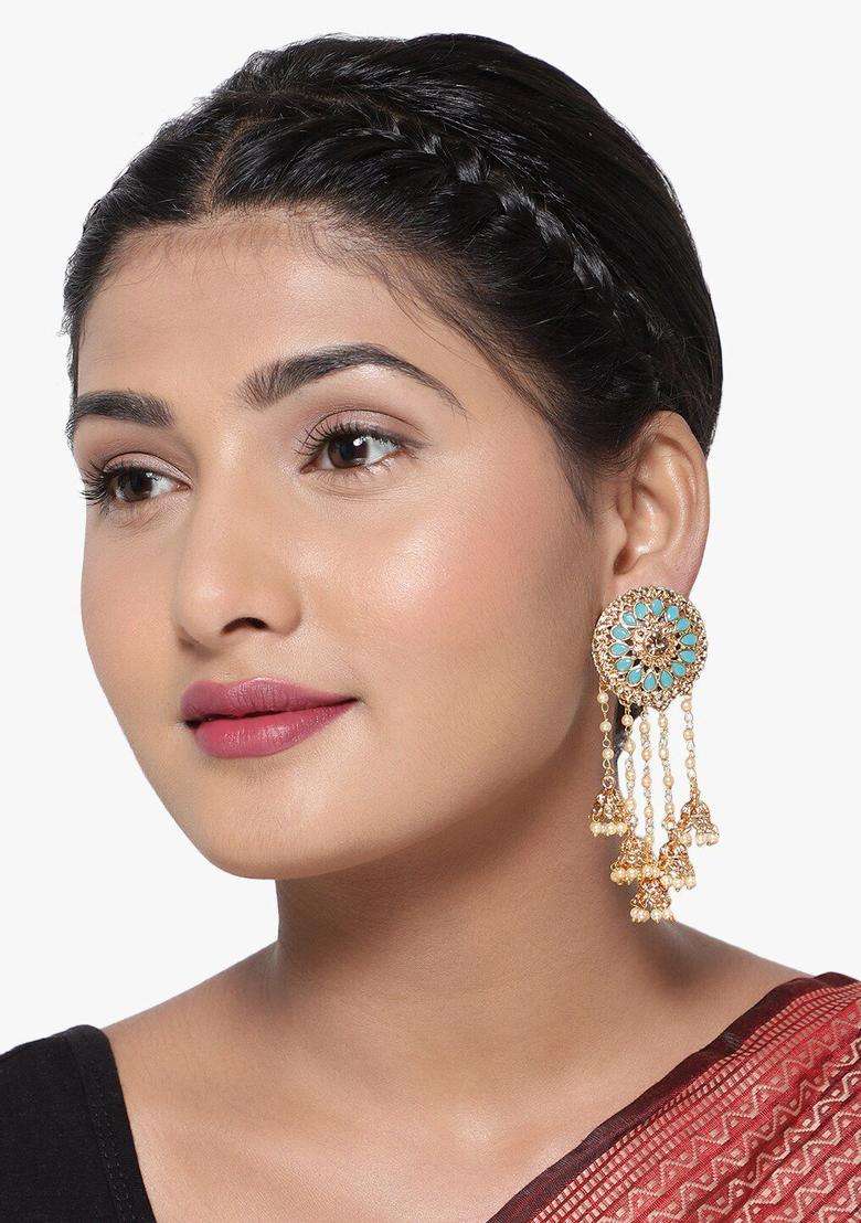 Gold-Plated Blue Contemporary Drop Earrings with Kundan for Women | Traditional Ethnic Jewellery for Wedding & Festive Wear | Gift for Her - Indya
