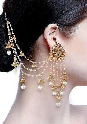 Gold-Plated Contemporary Chained Jhumkas Earrings with Pearl for Women | Traditional Ethnic Jewellery for Wedding & Festive Wear | Gift for Her