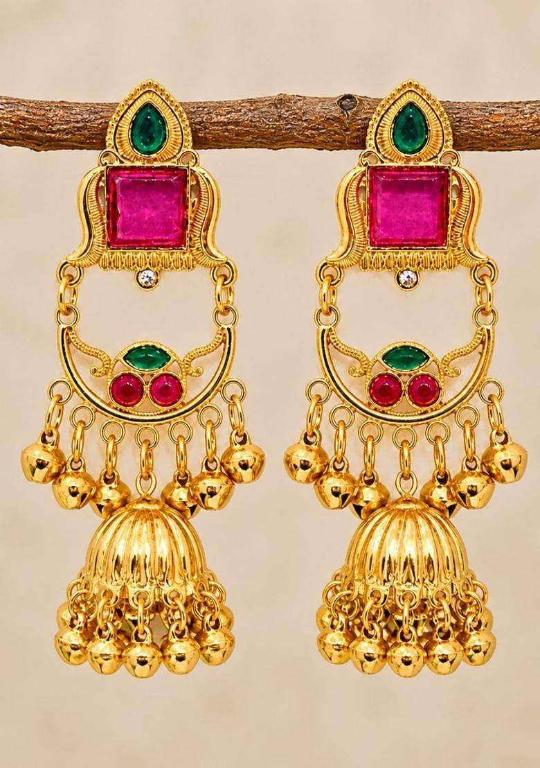 Gold-Plated Geometric Jhumkas Earrings for Women | Traditional Ethnic Jewellery for Wedding & Festive Wear | Gift for Her - Indya