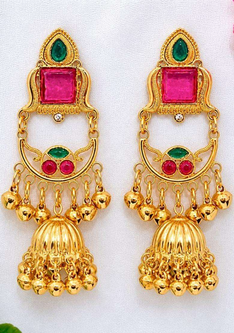 Gold-Plated Geometric Jhumkas Earrings for Women | Traditional Ethnic Jewellery for Wedding & Festive Wear | Gift for Her - Indya