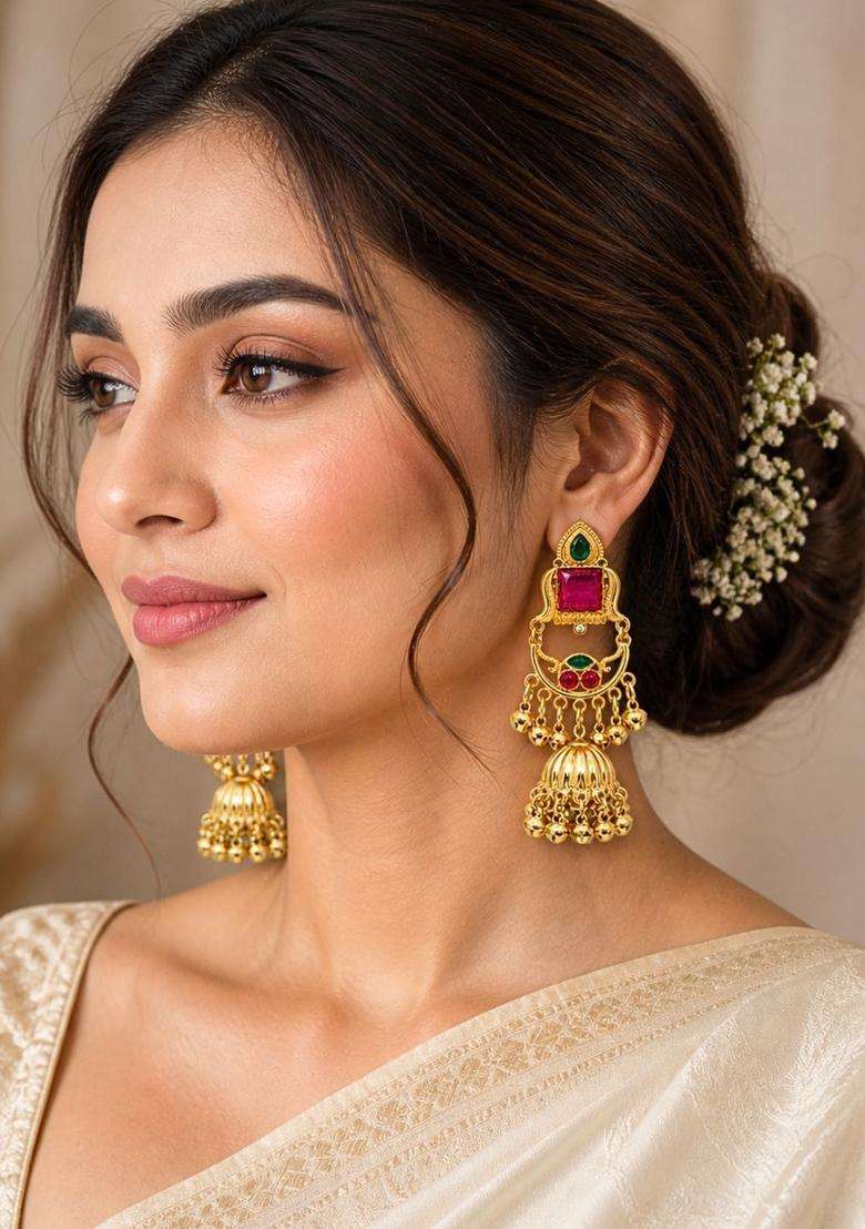 Gold-Plated Geometric Jhumkas Earrings for Women | Traditional Ethnic Jewellery for Wedding & Festive Wear | Gift for Her - Indya