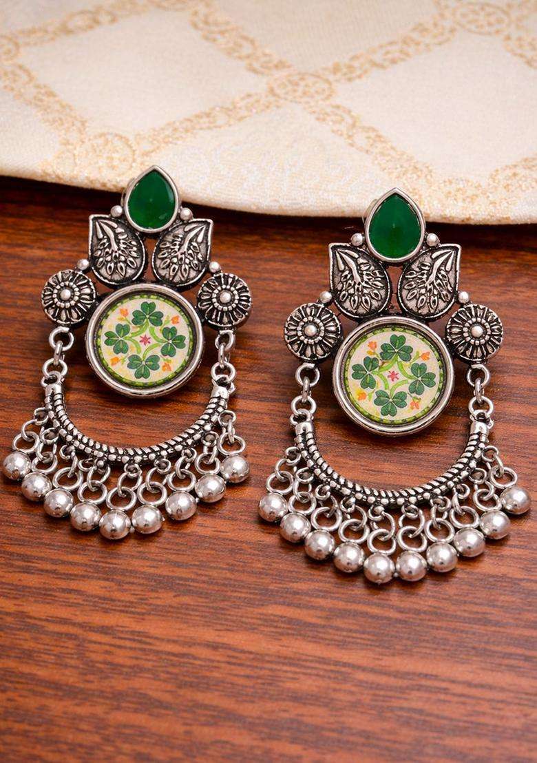 Silver-Plated Geometric Drop Earrings for Women | Traditional Ethnic Jewellery for Wedding & Festive Wear | Gift for Her - Indya