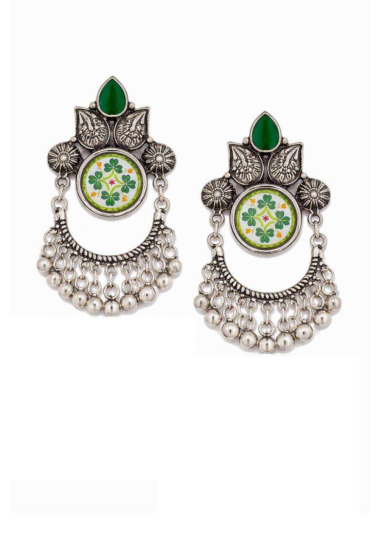Silver-Plated Geometric Drop Earrings for Women | Traditional Ethnic Jewellery for Wedding & Festive Wear | Gift for Her - Indya
