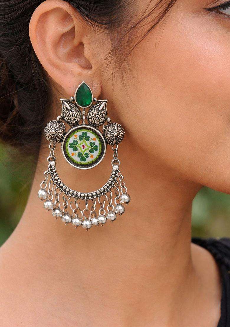 Silver-Plated Geometric Drop Earrings for Women | Traditional Ethnic Jewellery for Wedding & Festive Wear | Gift for Her - Indya