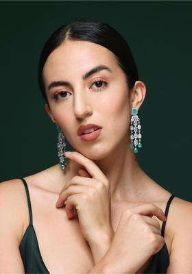 Rhodium-Plated Geometric Drop Earrings with CZ Stone for Women | Traditional Ethnic Jewellery for Wedding & Festive Wear | Gift for Her