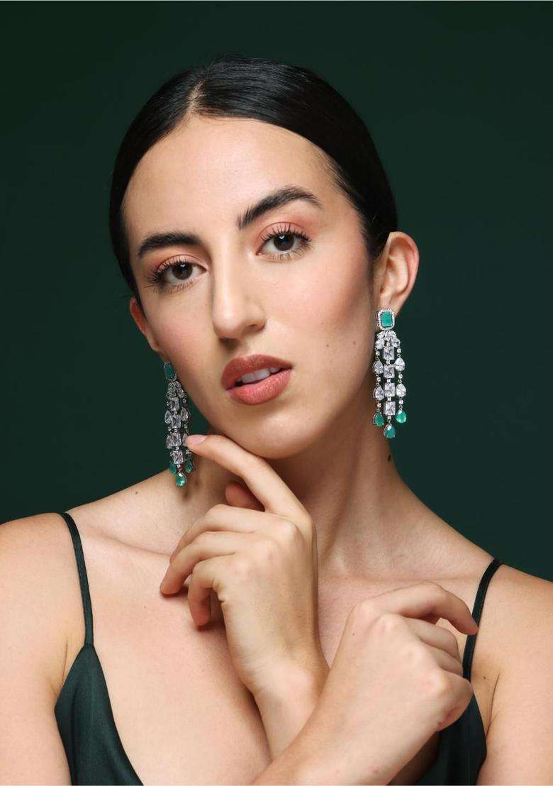 Rhodium-Plated Geometric Drop Earrings with CZ Stone for Women | Traditional Ethnic Jewellery for Wedding & Festive Wear | Gift for Her - Indya