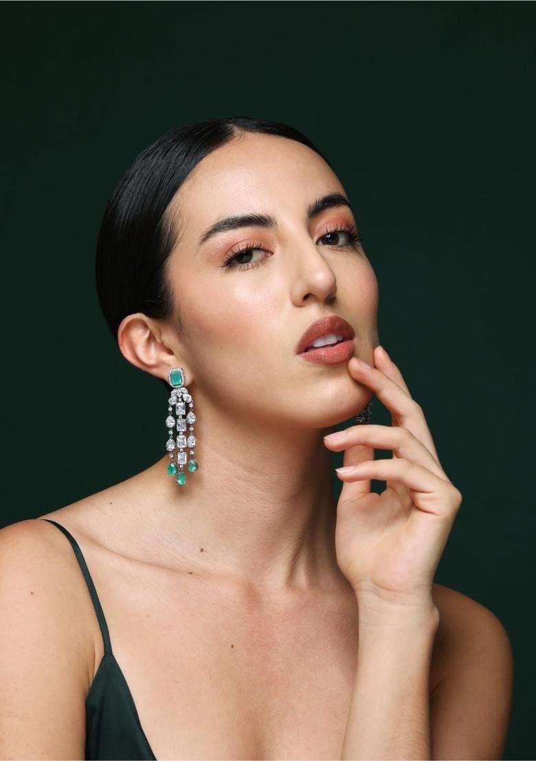 Rhodium-Plated Geometric Drop Earrings with CZ Stone for Women | Traditional Ethnic Jewellery for Wedding & Festive Wear | Gift for Her - Indya