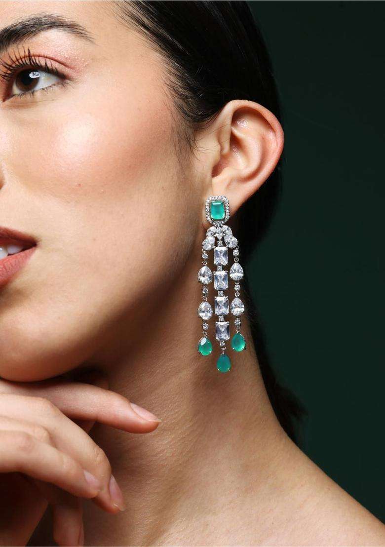 Rhodium-Plated Geometric Drop Earrings with CZ Stone for Women | Traditional Ethnic Jewellery for Wedding & Festive Wear | Gift for Her - Indya
