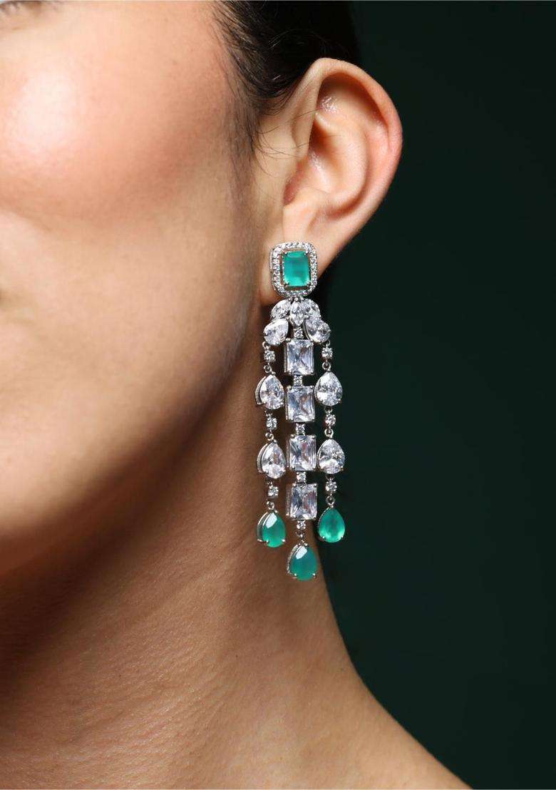 Rhodium-Plated Geometric Drop Earrings with CZ Stone for Women | Traditional Ethnic Jewellery for Wedding & Festive Wear | Gift for Her - Indya