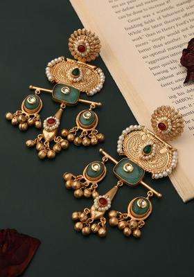 18K Gold-Plated Artificial Stones Studded and Beaded Geometric Drop Earrings for Women | Fusion Party & Festive Wear | Gift for Her