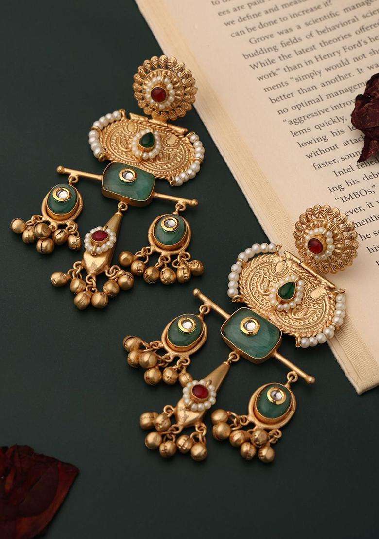 18K Gold-Plated Artificial Stones Studded and Beaded Geometric Drop Earrings for Women | Fusion Party & Festive Wear | Gift for Her - Indya