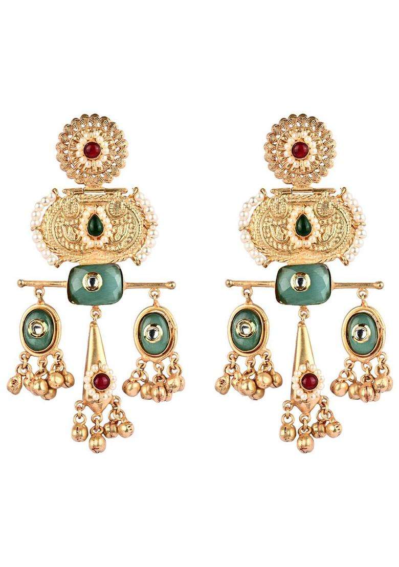 18K Gold-Plated Artificial Stones Studded and Beaded Geometric Drop Earrings for Women | Fusion Party & Festive Wear | Gift for Her - Indya