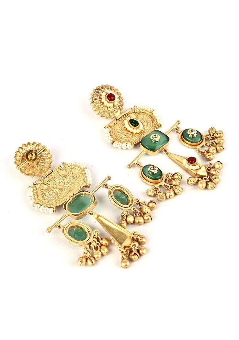 18K Gold-Plated Artificial Stones Studded and Beaded Geometric Drop Earrings for Women | Fusion Party & Festive Wear | Gift for Her - Indya
