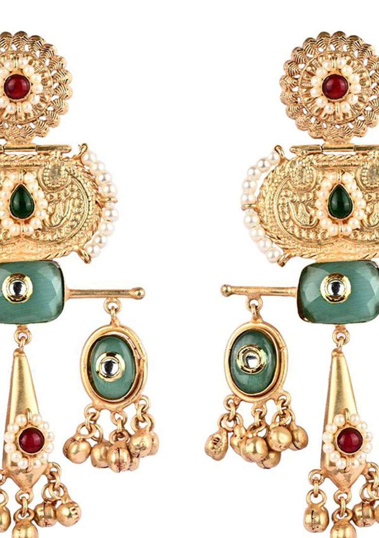 18K Gold-Plated Artificial Stones Studded and Beaded Geometric Drop Earrings for Women | Fusion Party & Festive Wear | Gift for Her - Indya