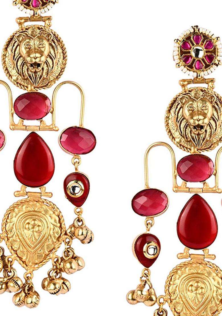 18K Gold-Plated Artificial Stones and Beads Geometric Drop Earrings for Women | Fusion Party & Festive Wear | Gift for Her - Indya