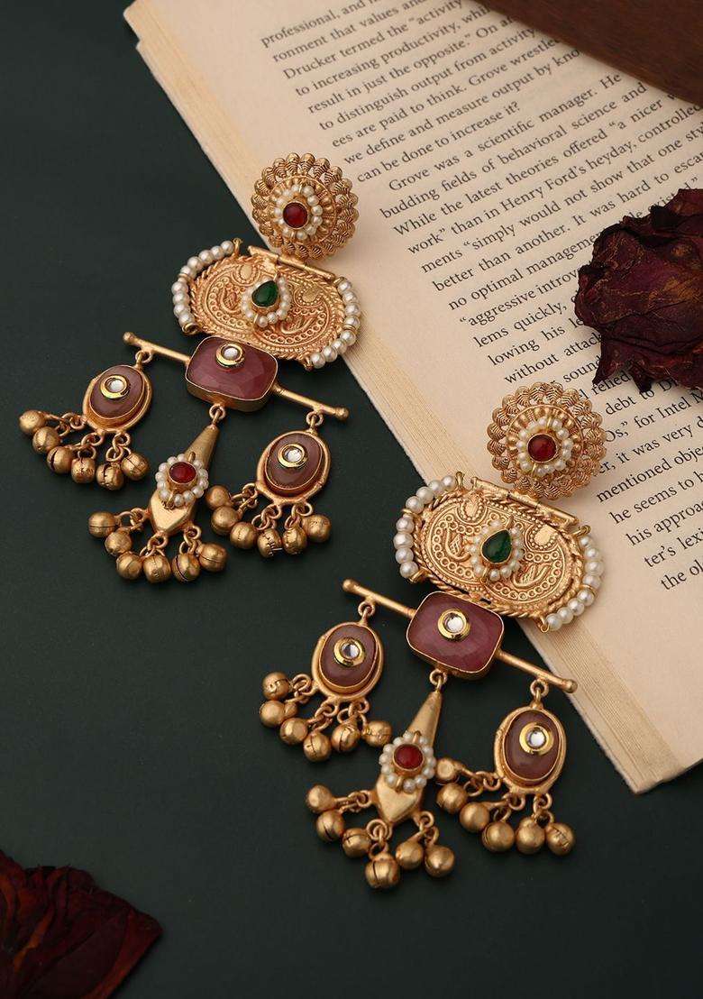 18K Gold-Plated Artificial Stones and Beads Geometric Drop Earrings for Women | Fusion Party & Festive Wear | Gift for Her - Indya