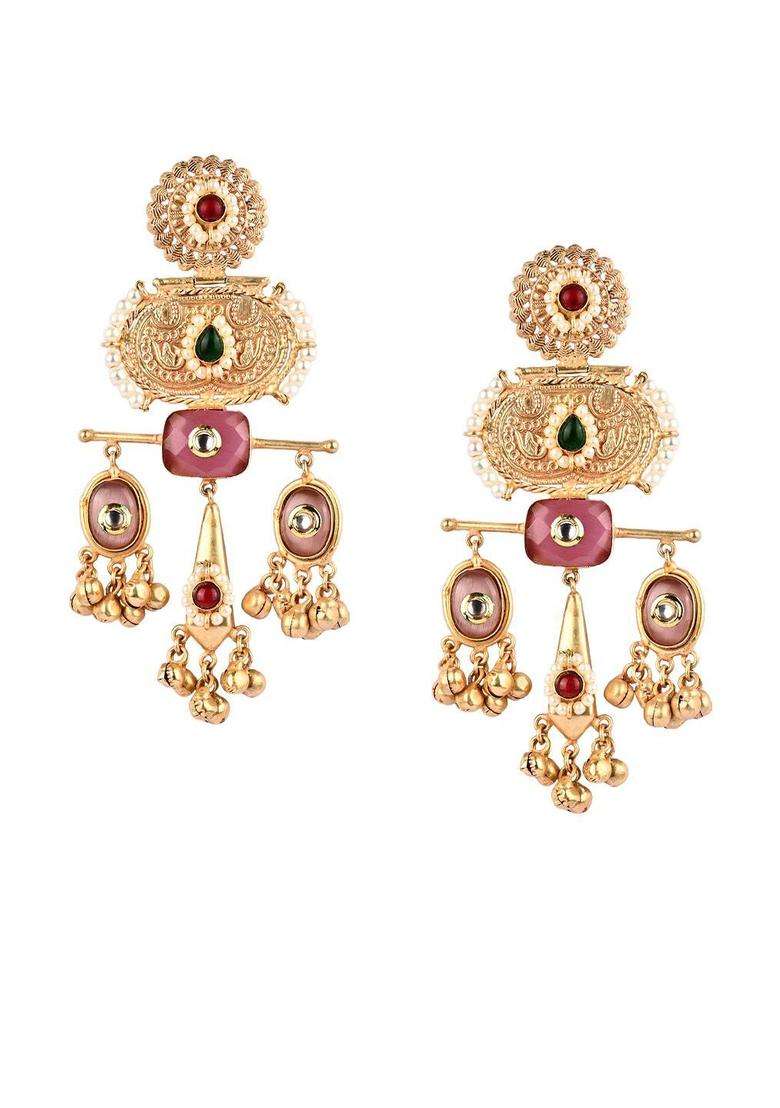 18K Gold-Plated Artificial Stones and Beads Geometric Drop Earrings for Women | Fusion Party & Festive Wear | Gift for Her - Indya