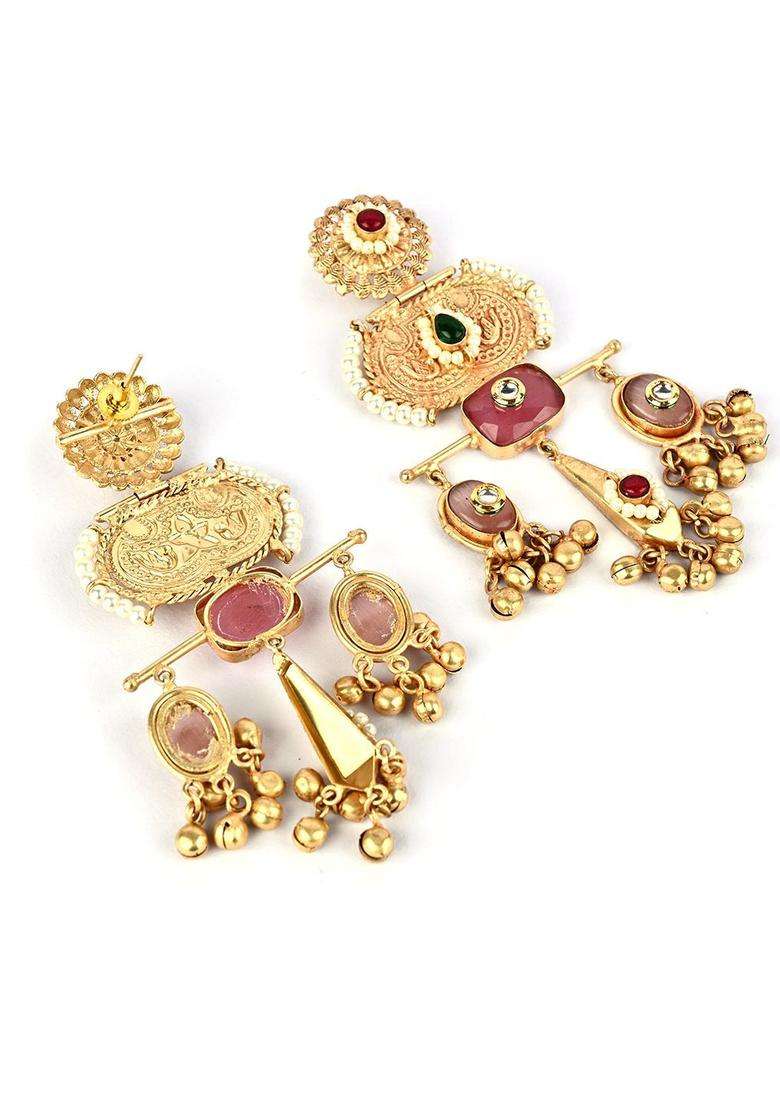 18K Gold-Plated Artificial Stones and Beads Geometric Drop Earrings for Women | Fusion Party & Festive Wear | Gift for Her - Indya