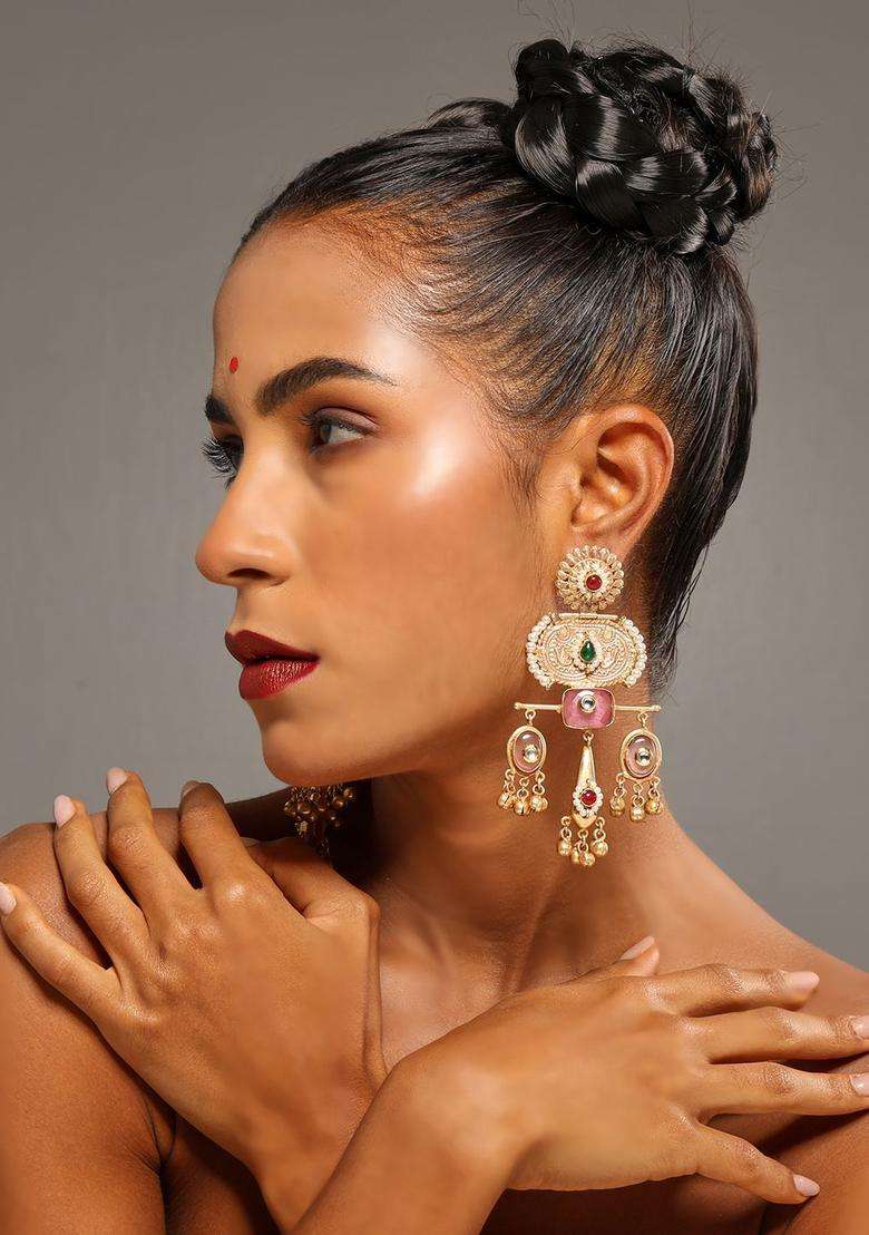 18K Gold-Plated Artificial Stones and Beads Geometric Drop Earrings for Women | Fusion Party & Festive Wear | Gift for Her - Indya