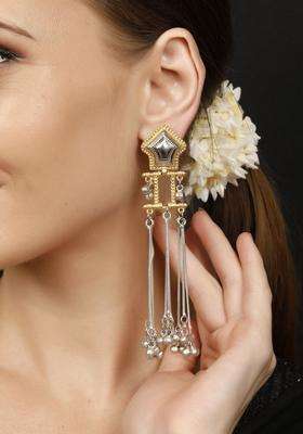 Silver-Plated Artificial Stones Studded and Beaded Contemporary Drop Earrings for Women | Fusion Party & Festive Wear | Gift for Her