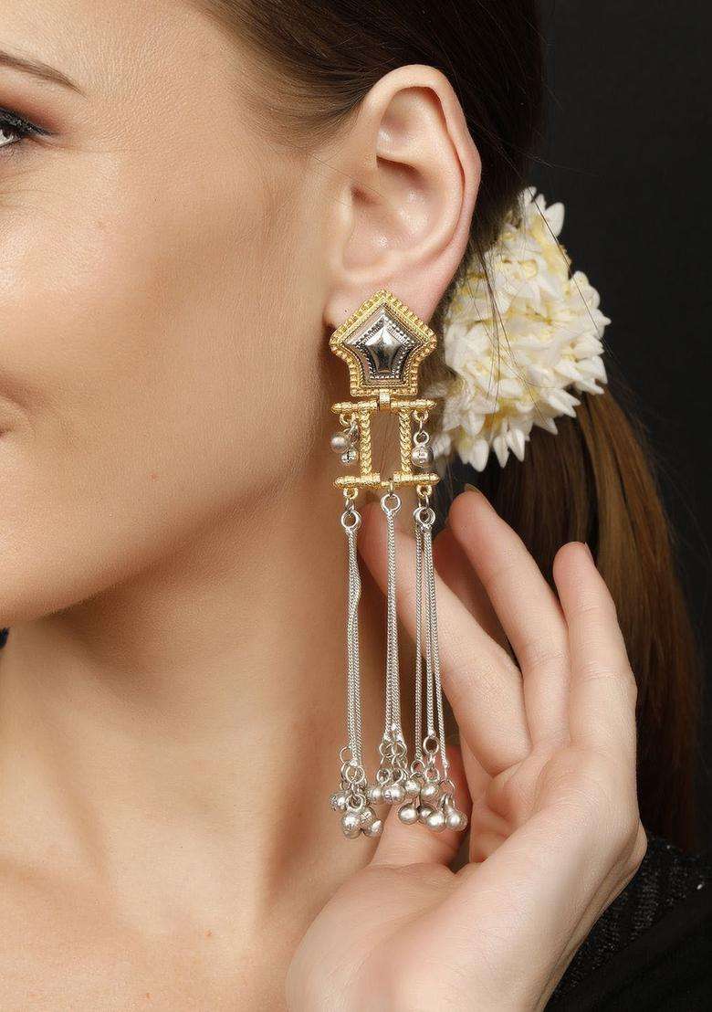 Silver-Plated Artificial Stones Studded and Beaded Contemporary Drop Earrings for Women | Fusion Party & Festive Wear | Gift for Her - Indya