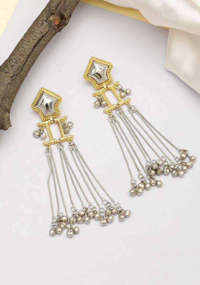 Silver-Plated Artificial Stones Studded and Beaded Contemporary Drop Earrings for Women | Fusion Party & Festive Wear | Gift for Her - Indya