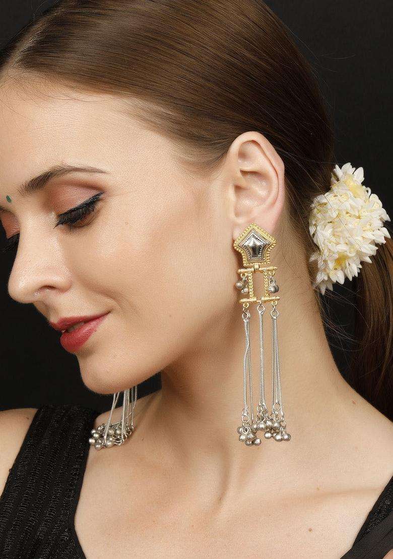 Silver-Plated Artificial Stones Studded and Beaded Contemporary Drop Earrings for Women | Fusion Party & Festive Wear | Gift for Her - Indya